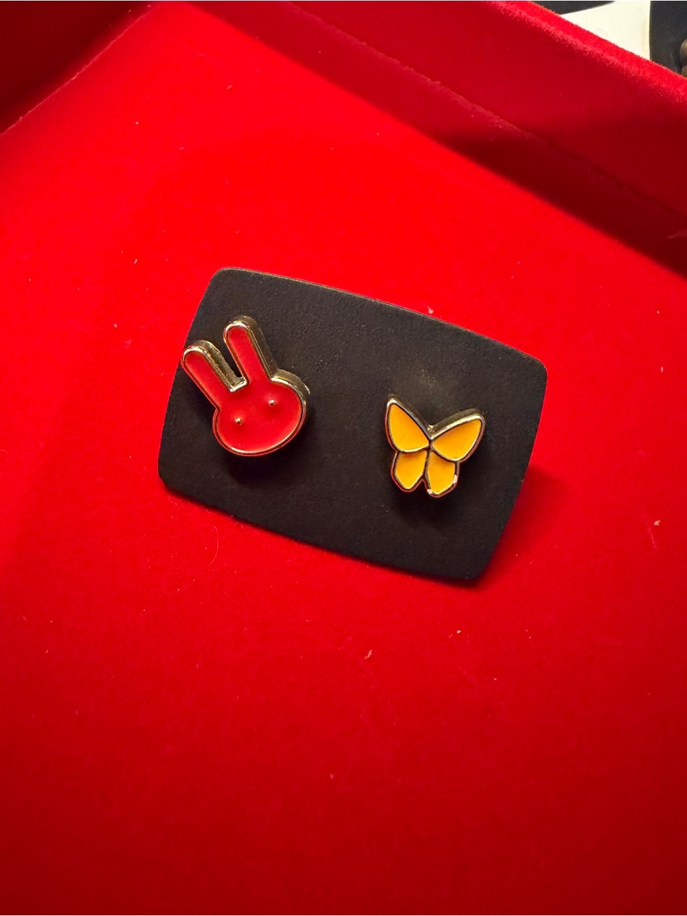 Playful Red Bunny & Yellow Butterfly Enamel Brooch Duo